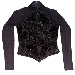Tadashi‎ Shoji Vintage Mock Neck Long Sleeve Sheer Velvet Beaded Top Brown XS